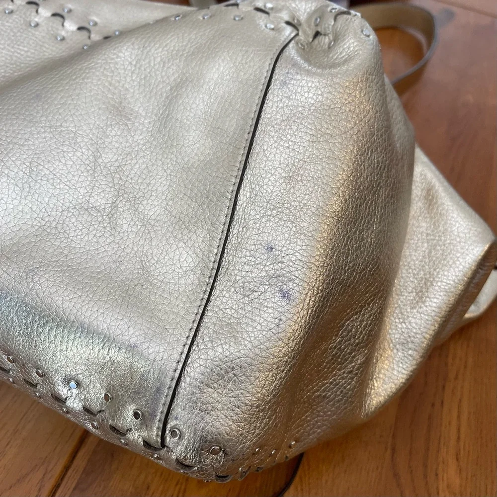 HENRI BENDEL Astrid Reversible Leather Suede Metallic Gold Snakeskin Python Hobo